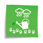 Na piktogramu so simboli (dež, zalivalka, cvetlice), ki spodbujajo varčevanje z vodo.